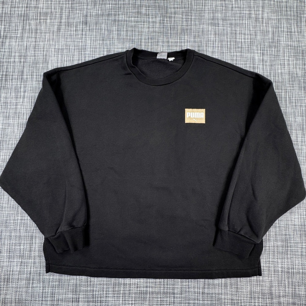 Puma Womens XL Black Cotton Blend Fleece Crewneck Sweatshirt Logo Patch Slit Hem